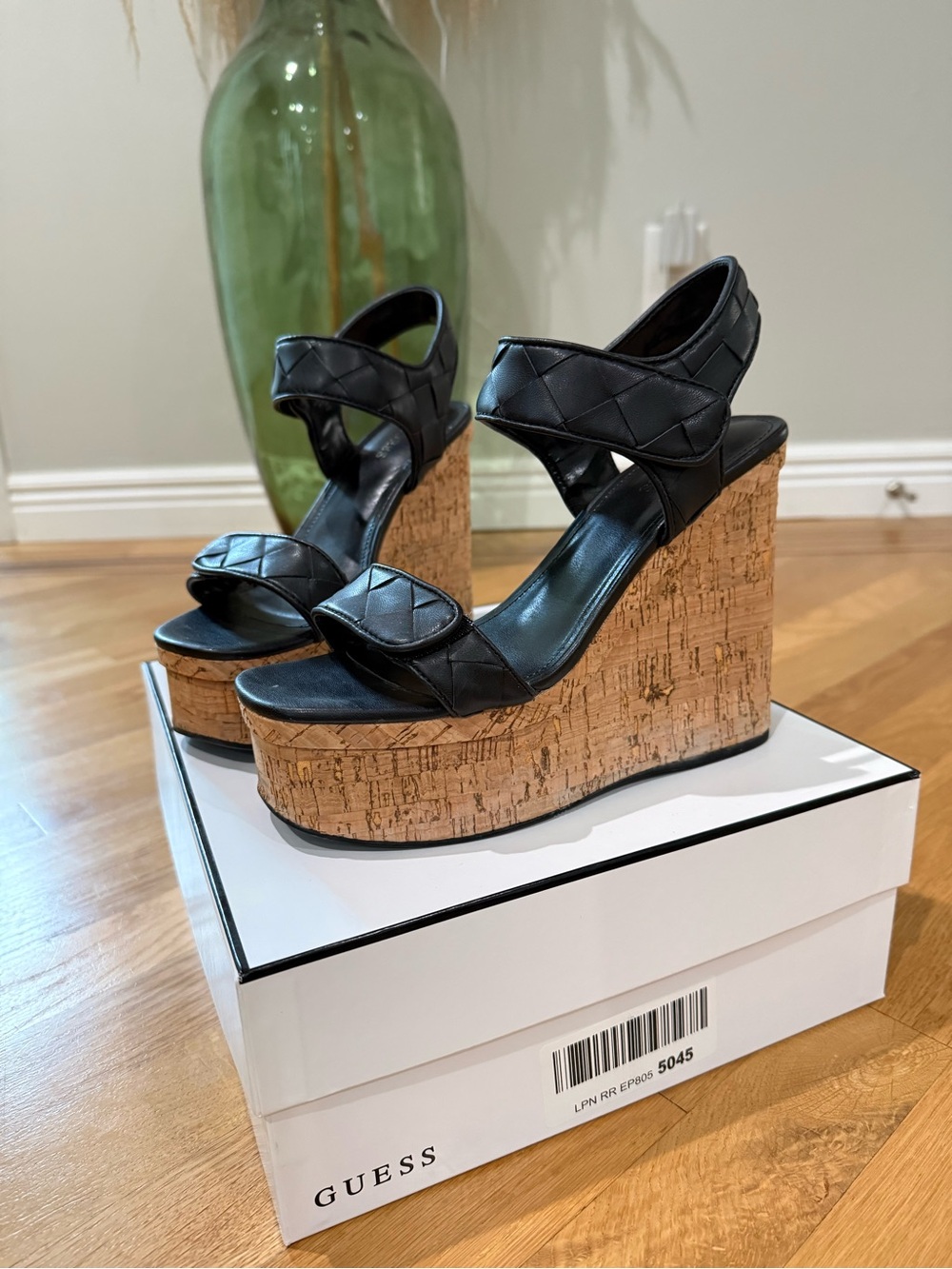 Guess Cataline Black Quilted Leather Cork Wedge Sandals - Picture 3 of 7